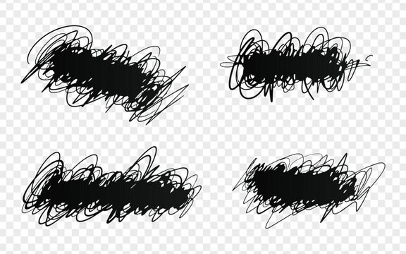 Set of four black hand-drawn scribble marks with rough overlapping lines, ideal for censor effects, strike-through graphics, redaction, doodles, posters, overlays and creative design elements.
