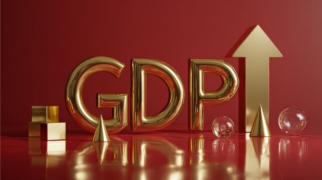 Golden 3D GDP letters with upward arrow and miniature city elements on red reflective surface, economic growth and development concept.