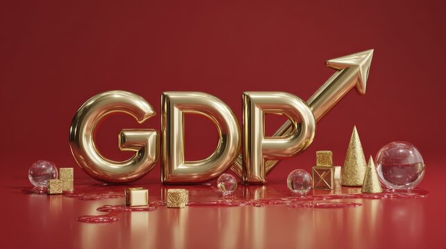 Golden 3D GDP letters with upward arrow and miniature city elements on red reflective surface, economic growth and development concept.