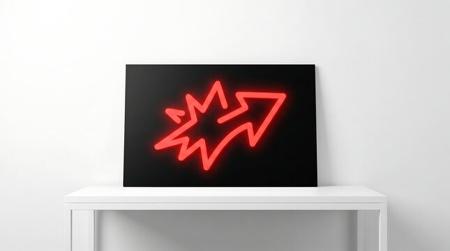 Red neon explosion arrow symbol on black background in a frame
