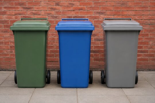 Colour coded kerbside recycling bins standing on a pavement