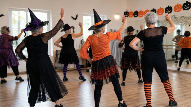 A small dance studio hosting a joyful costume class for older adults, wide environmental commercial view, for commercial stock use