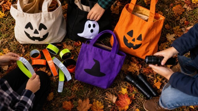 An overhead arrangement of unbranded reusable trick or treat bags, flashlights, reflective bands and autumn leaves, candid medium action view