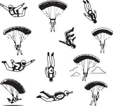 Set of black and white line showing skydivers in freefall and parachutists with open parachutes against a white background