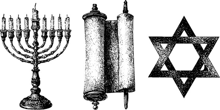 Vintage black and white menorah torah and star of david set of illustrations for hanukkah holiday design and ornamental background print