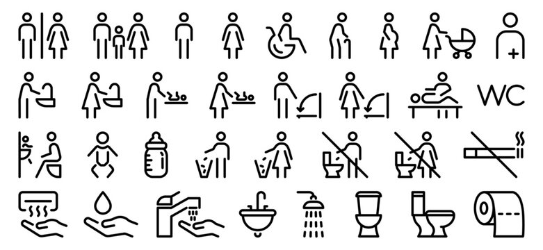 Toilet and bathroom icon collection in outline style with restroom signs, accessibility, shower, toilet, hygiene and facility symbols. Editable line vector pictograms for public spaces, wayfinding
