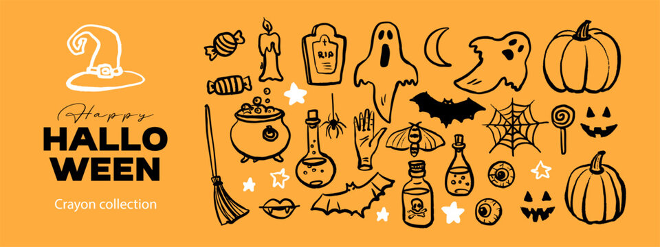 Halloween magic doodle set. Occult symbols, potion tools, creatures. Party invitation, poster, kids decor, sticker pack. Hand drawn crayon vector illustration.