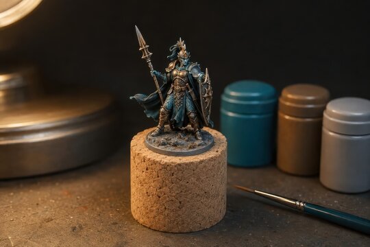 Painted fantasy miniature figure on a cork stand beside paint pots