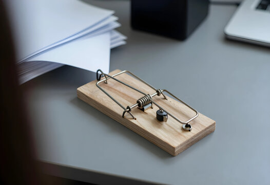 Workplace trap and corporate risk mousetrap on office desk with paperwork career danger hidden threats and professional vulnerability