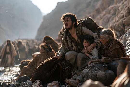 A family of refugees resting on a rocky path during a long migration journey in a desert landscape