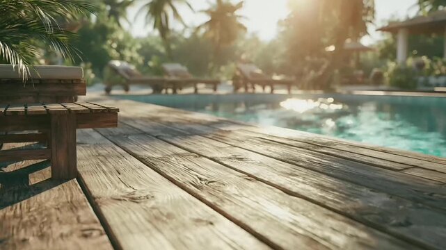 Summer hot vibe lifestyle. A vivid, sunlit scene of a tropical resort. The main subject is a wooden deck overlooking a tranquil swimming pool. The deck is made of weathered wooden planks.