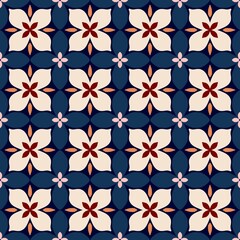 Seamless floral geometric ornament pattern background in dark navy blue, cream, burgundy red, and pink. Traditional tile vector design for textile, fabric, wallpaper, and printing. © Muhamad