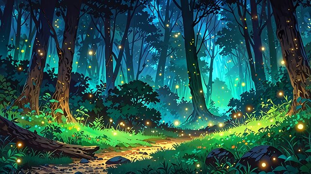 Fantasy forest with a green to gold gradient, glowing anime sparkles and fireflies