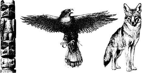 Naklejka premium Black and white totem raven and coyote isolated vintage engraving drawings for background and poster design