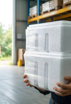 Logistics and supply chain management, worker holding polystyrene foam packaging boxes for shipping and distribution in a warehouse storage facility