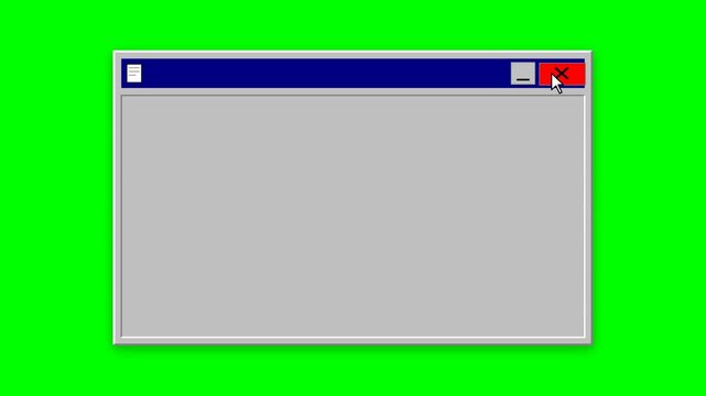 3D animation of a blank retro window closing after a pixel cursor clicks the red button on a green screen. Ideal for classic UI and nostalgic design