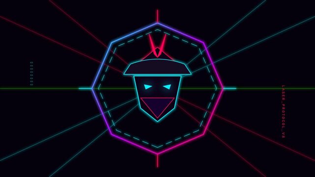 Cyberpunk neon samurai head icon with glowing red eyes and blue outlines, surrounded by geometric hexagonal frames and radiating red and blue laser beams on a dark background.