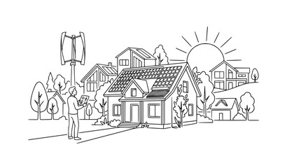 Fototapeta premium Eco Friendly Neighborhood Solar Panels Wind Turbine Clean Energy Line Art