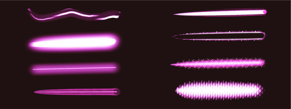 Pink neon glowing brush strokes and light streaks set isolated on dark background, with luminous lines, textured marks, sparkling trails, and bright digital glow effects.