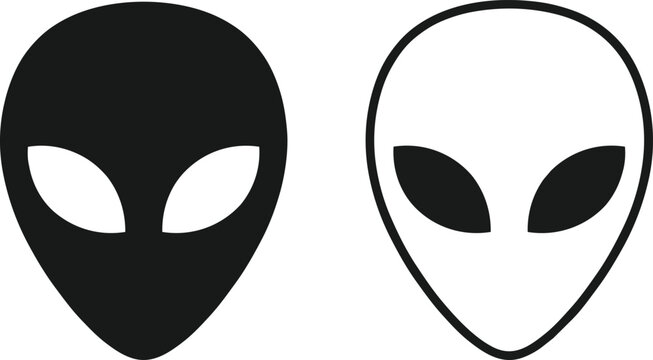 Stylized alien head icons featuring sharp minimalist design in black and white on transparent background