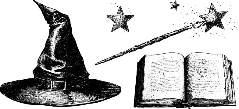 Vintage black and white wizard hat wand and spellbook engraved drawings with stars isolated for fantasy background and poster design