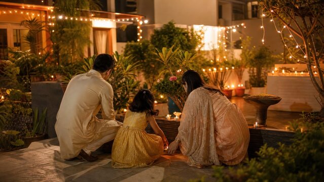A family choosing quieter light based celebrations with sparklers absent and clean night air, candid medium action view, for holiday campaigns