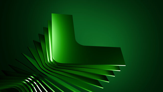 3D abstract green geometric L-shaped layers rendered on dark backdrop. Ideal for modern tech branding, eco-friendly logos, corporate background designs, digital marketing, and web landing pages