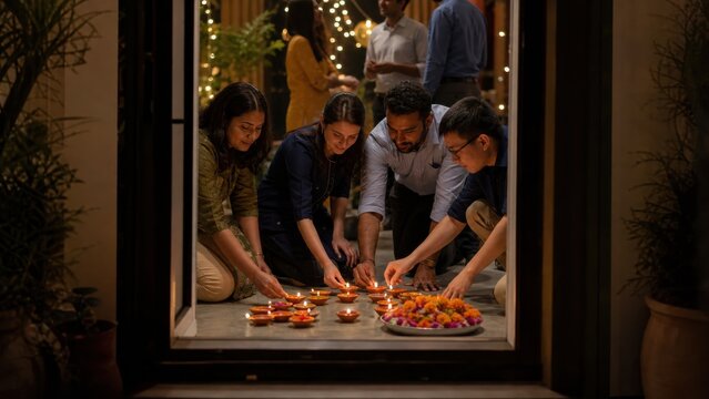 Office colleagues of different backgrounds learning to place diyas for a workplace Diwali gathering, wide environmental commercial view