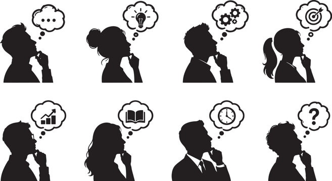 Business people thinking with thought bubbles showing ideas, goals, questions, charts, books, gears and time symbols, black silhouette vector set. Concept of thinking, creativity and decision making