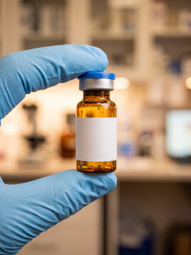 Laboratory Technician in Blue Gloves Holding Amber Medicine Glass Vial