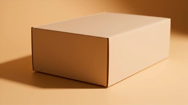 Blank cardboard box on neutral beige background for packaging mockups and design presentation