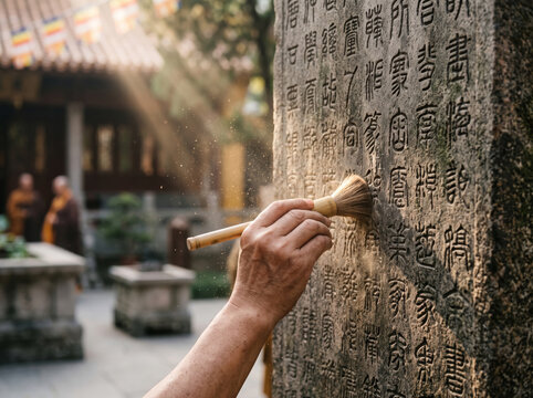 Hand Cleaning Ancient Stone Monument Inscription With Soft Brush