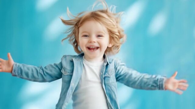 Joyful child in denim jacket with outstretched arms against blue background