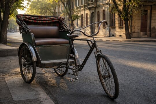Bicycle rickshaw canopy folded on a quiet morning street