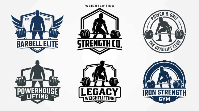 Six monochromatic weightlifting and gym fitness logo badges.