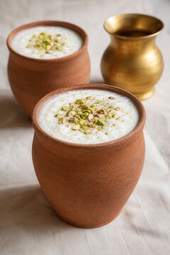 Lassi in a clay cup topped with crushed pistachio and spice