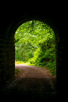 Dark historic stone tunnel opening onto a lush woodland path in Mulgrave Woods near Whitby, North Yorkshire.