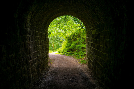 Dark historic stone tunnel opening onto a lush woodland path in Mulgrave Woods near Whitby, North Yorkshire.