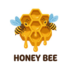 Naklejka premium This vibrant illustration features two adorable honey bees hovering over a golden honeycomb, with honey dripping from it, symbolizing sweetness and nature's beauty.