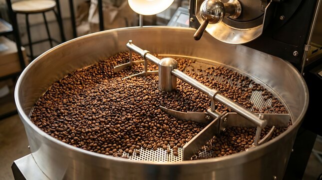 Industrial coffee roaster machine cooling freshly roasted beans for an international coffee day bg celebration event