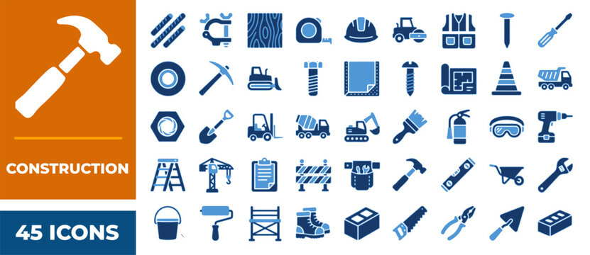 Construction industry icon set with blue building and repair symbols.