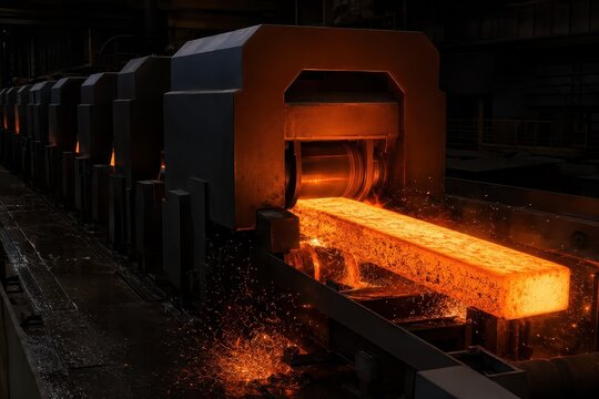 Glowing steel billet running through a rolling mill stand