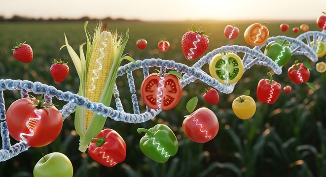 Colorful Genetically Modified Vegetables Floating Around Dna Helix in Sunlit Crop Field
