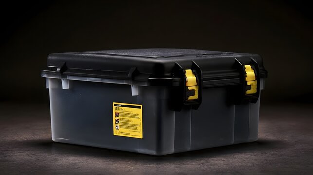 A black and transparent storage box with yellow latches and a warning label on its side  set against a dark background