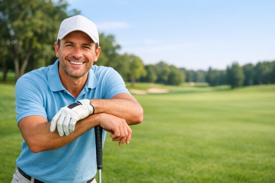 Smiling male golfer leaning on club on lush golf course for sport lifestyle portrait and outdoor leisure banner