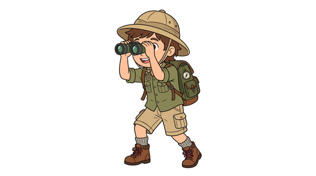 Cartoon boy explorer in khaki safari outfit with backpack looking through binoculars on white background