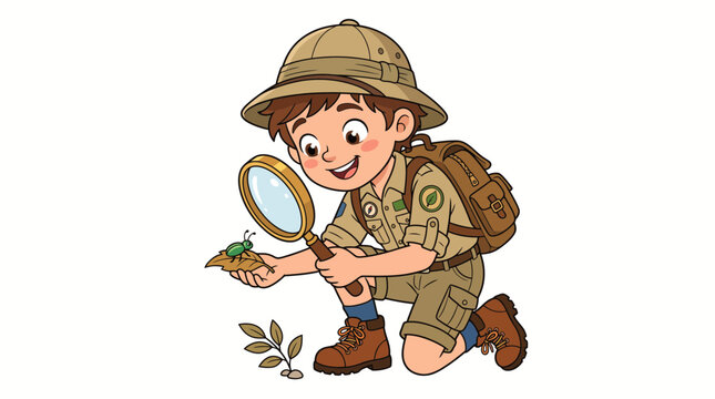Curious young boy explorer in scout uniform observing green insect through magnifying glass on white background