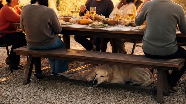 A dog resting safely beneath an empty bench away from the holiday food table, wide environmental commercial view, for seasonal stock use