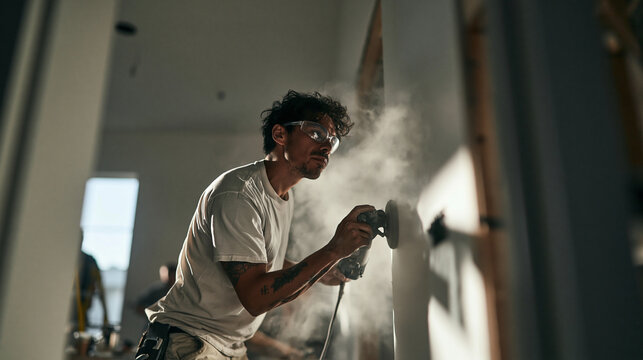 Male Contractor Sanding Wall During Home Renovation