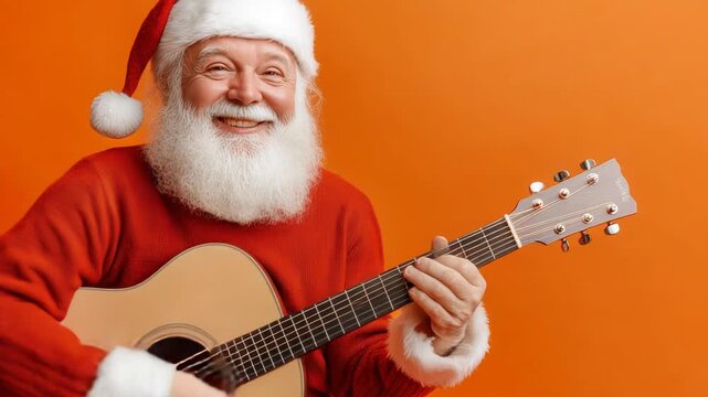 Santa claus joyfully playing guitar in festive red outfit on vibrant orange background
